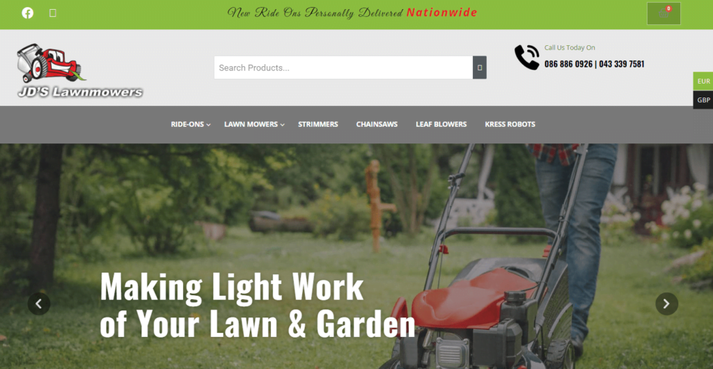 a website page of a lawn mower on an irish website